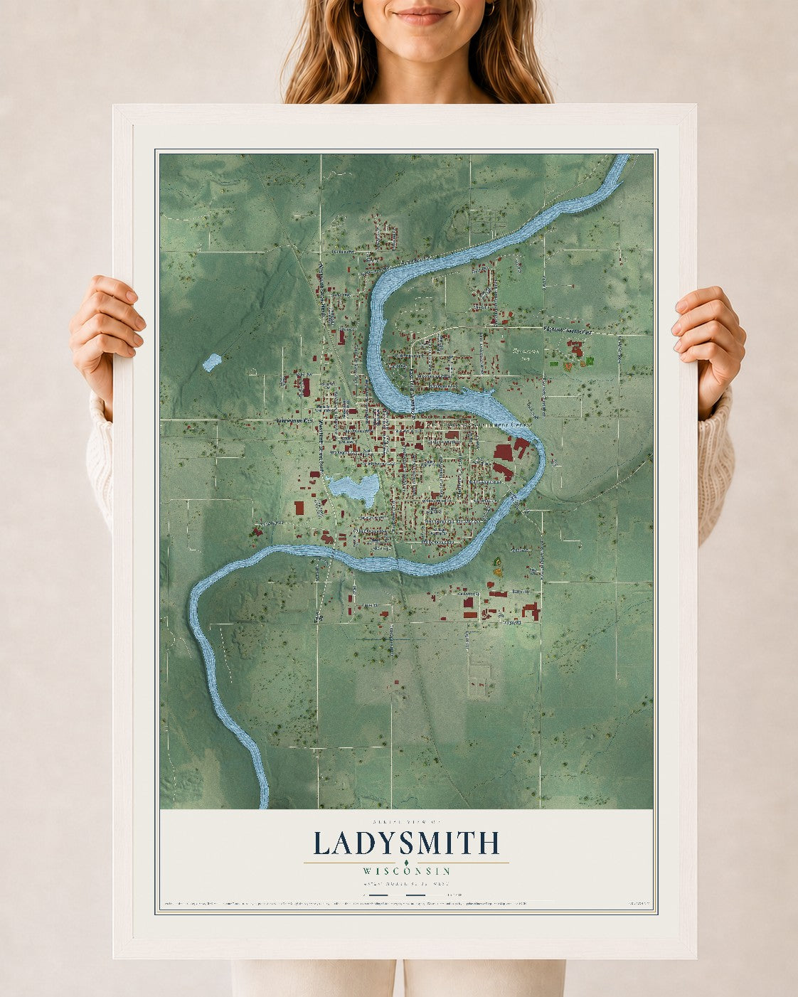 Map of Ladysmith, Wisconsin, 24 x 36 inch print in a white wood frame