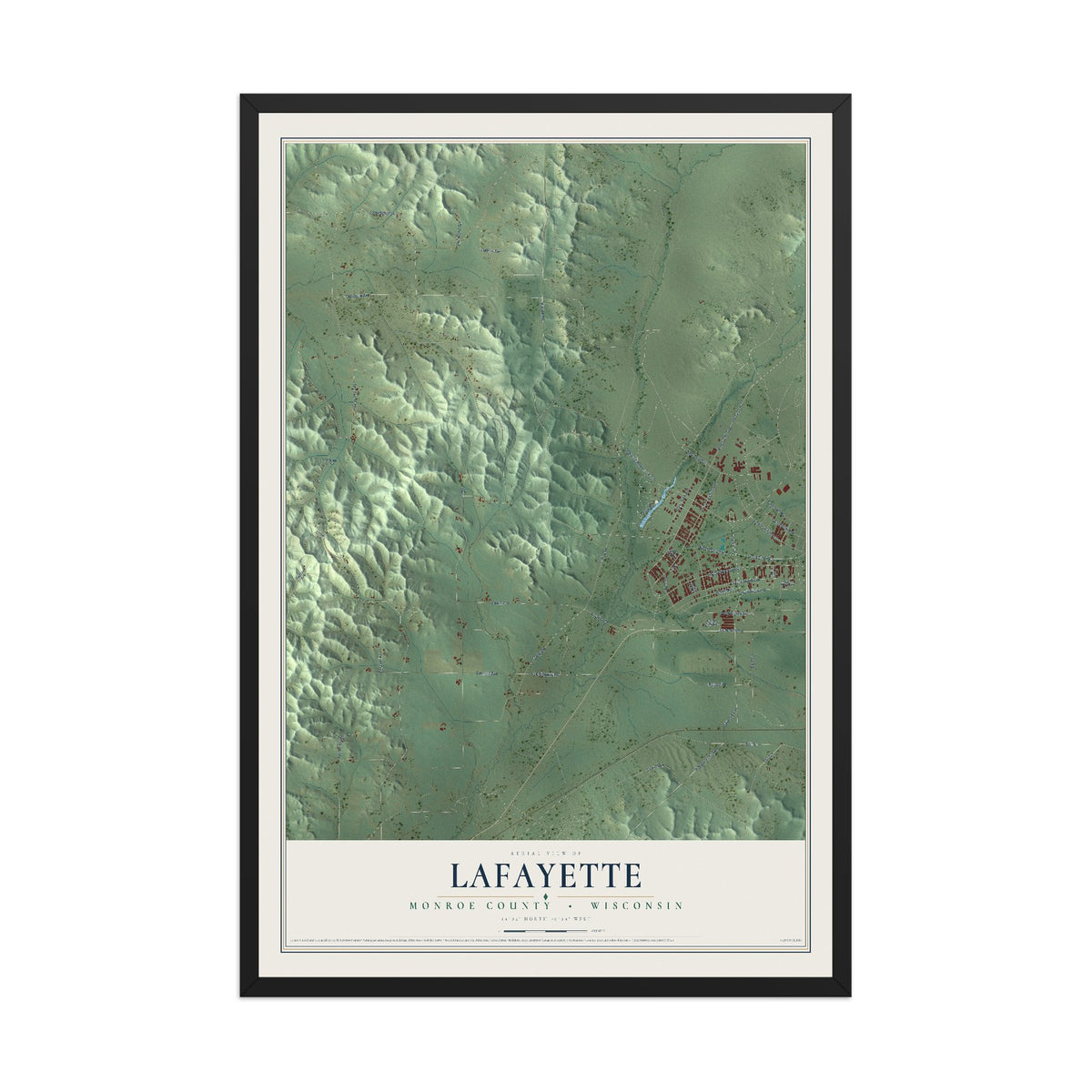 Map of Lafayette, Monroe County, Wisconsin, 12 x 18 inch print in a black wood frame