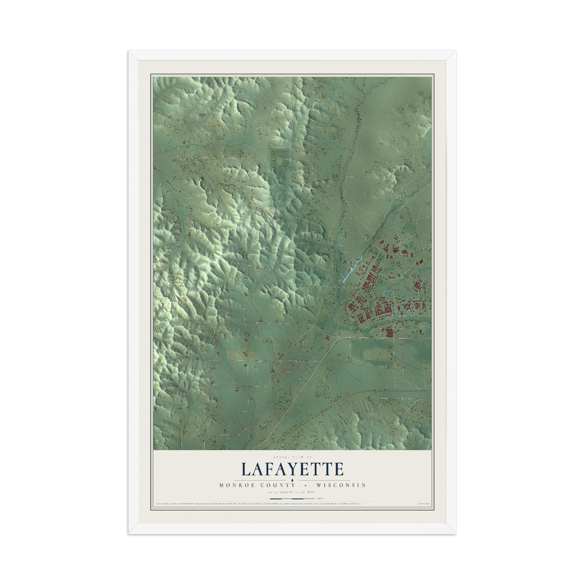 Map of Lafayette, Monroe County, Wisconsin, 12 x 18 inch print in a white wood frame