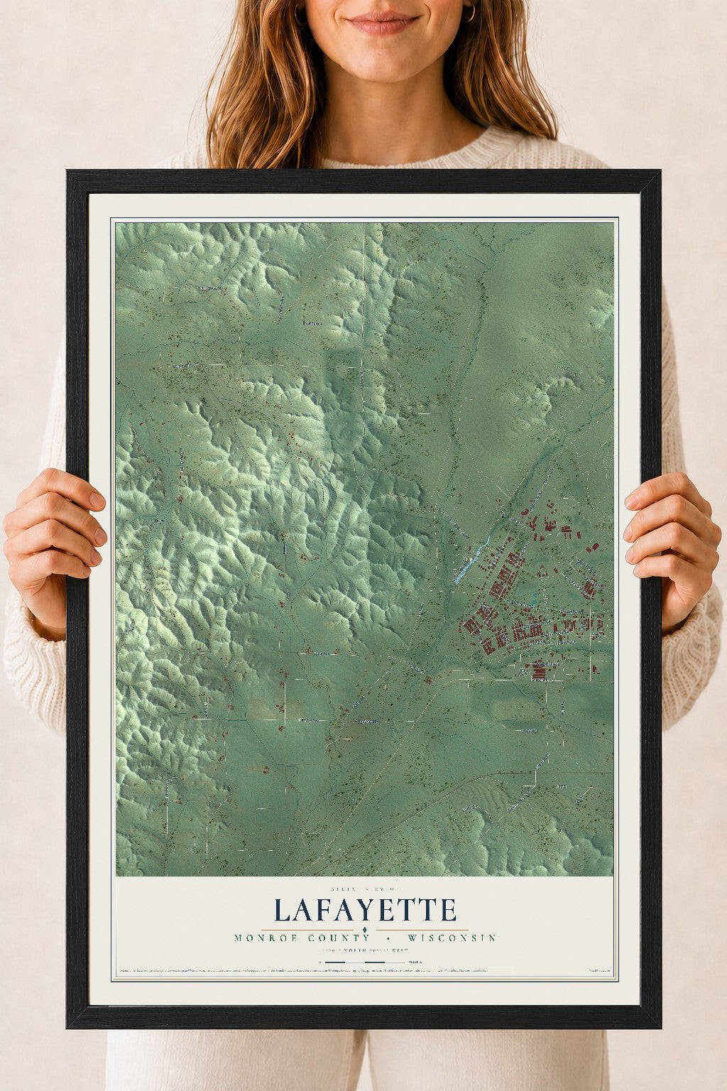 Map of Lafayette, Monroe County, Wisconsin, 18 x 24 inch print in a black wood frame