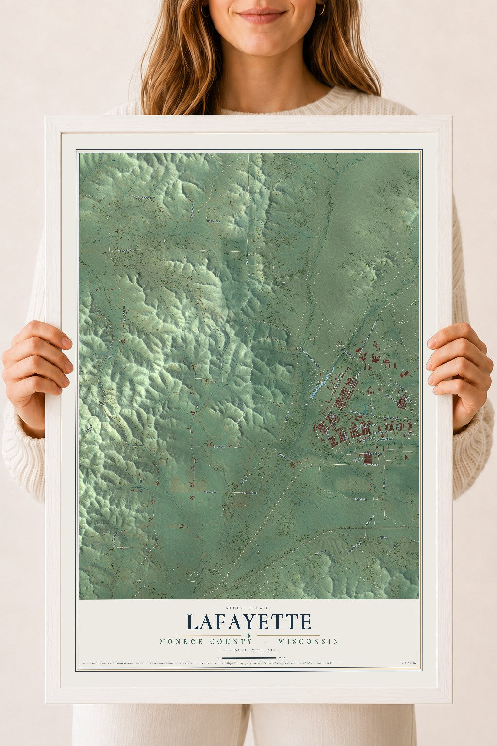 Map of Lafayette, Monroe County, Wisconsin, 18 x 24 inch print in a white wood frame