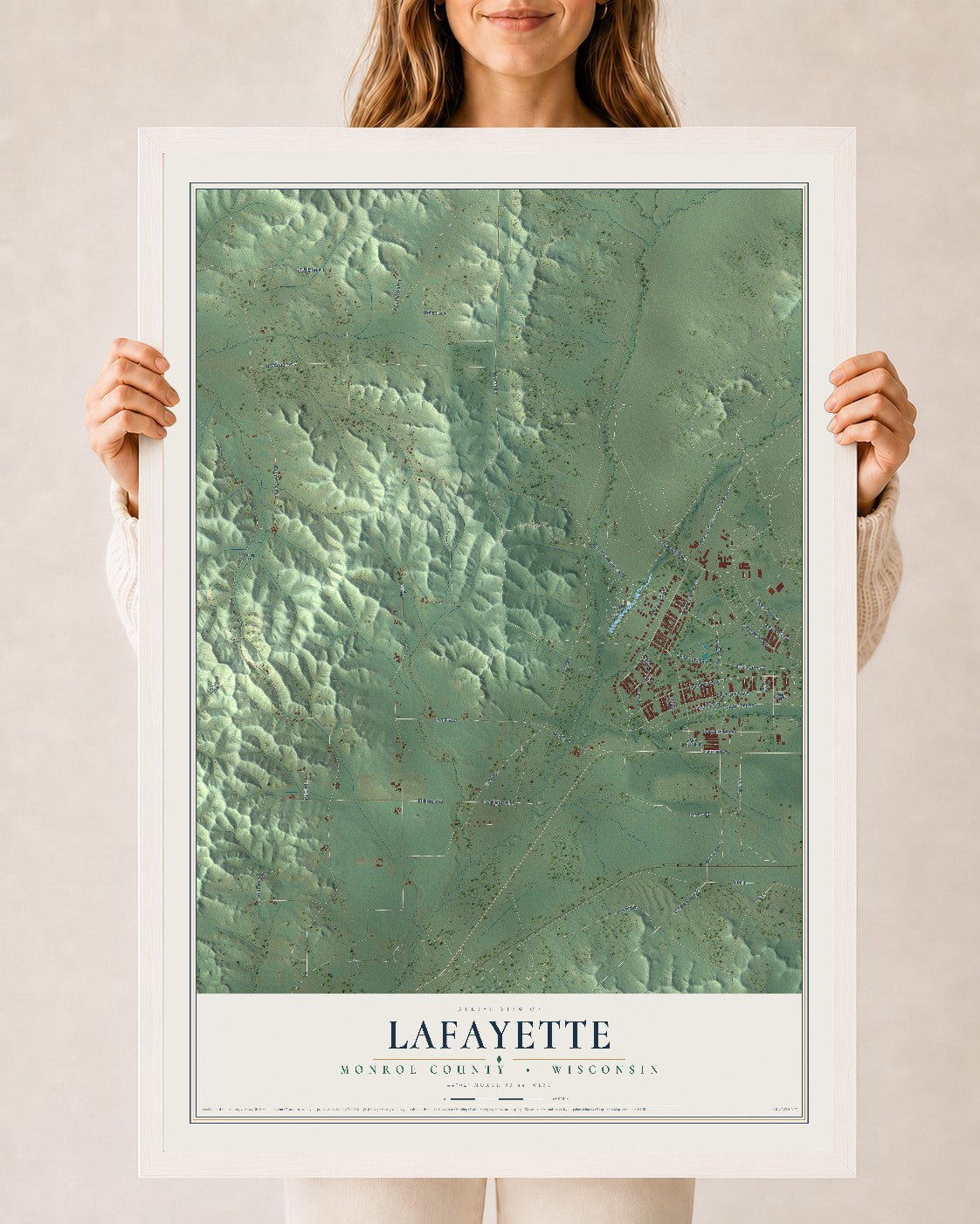 Map of Lafayette, Monroe County, Wisconsin, 24 x 36 inch print in a white wood frame