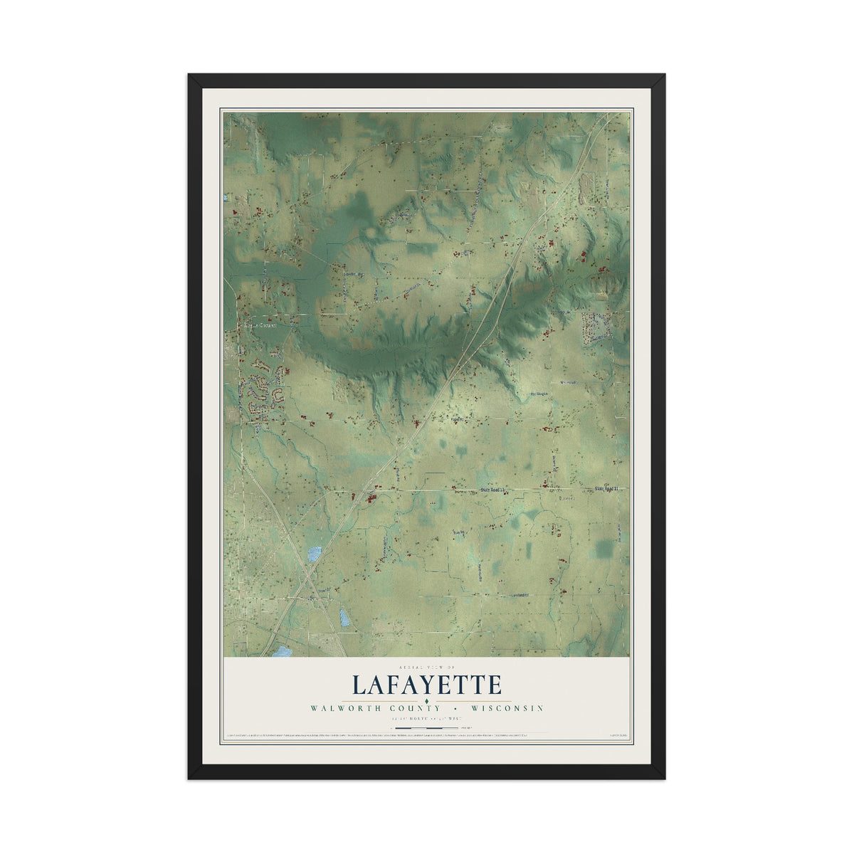 Map of Lafayette, Walworth County, Wisconsin, 12 x 18 inch print in a black wood frame