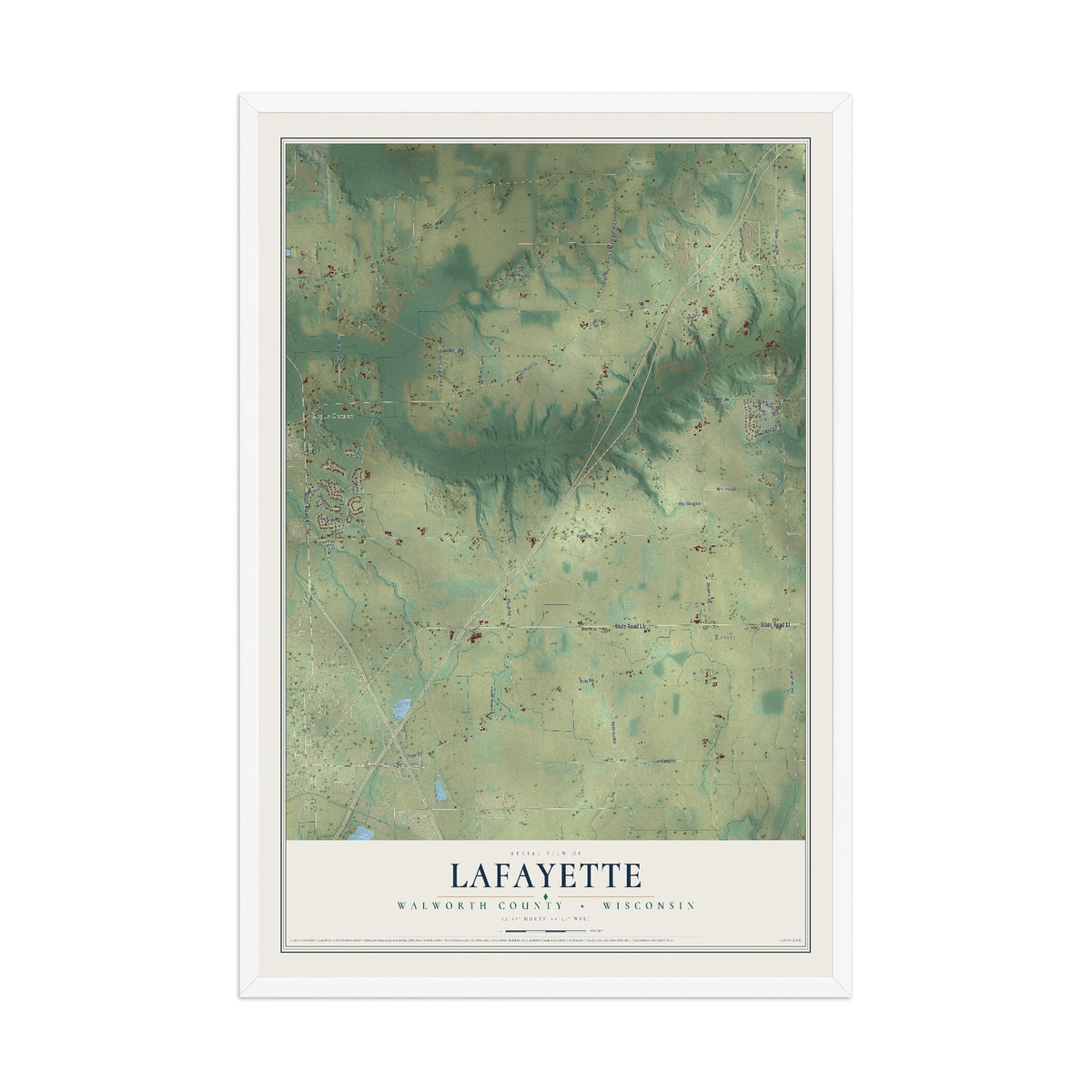 Map of Lafayette, Walworth County, Wisconsin, 12 x 18 inch print in a white wood frame