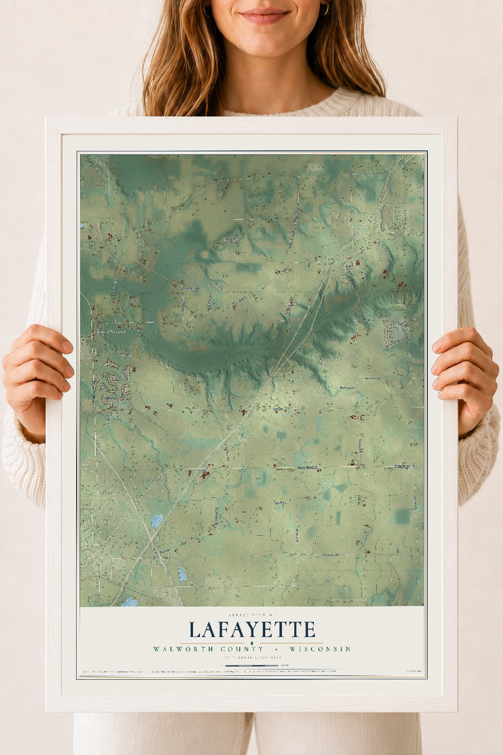 Map of Lafayette, Walworth County, Wisconsin, 18 x 24 inch print in a white wood frame