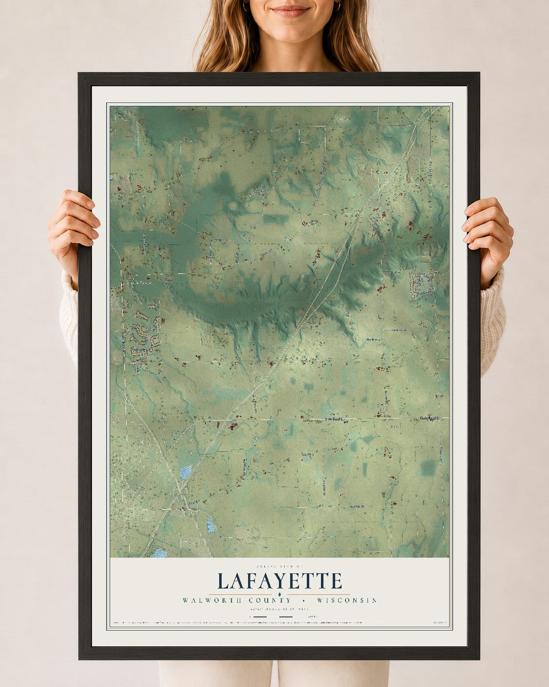 Map of Lafayette, Walworth County, Wisconsin, 24 x 36 inch print in a black wood frame