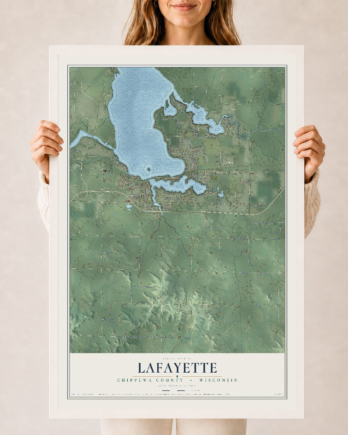 Map of Lafayette, Chippewa County, Wisconsin, 24 x 36 inch print in a white wood frame