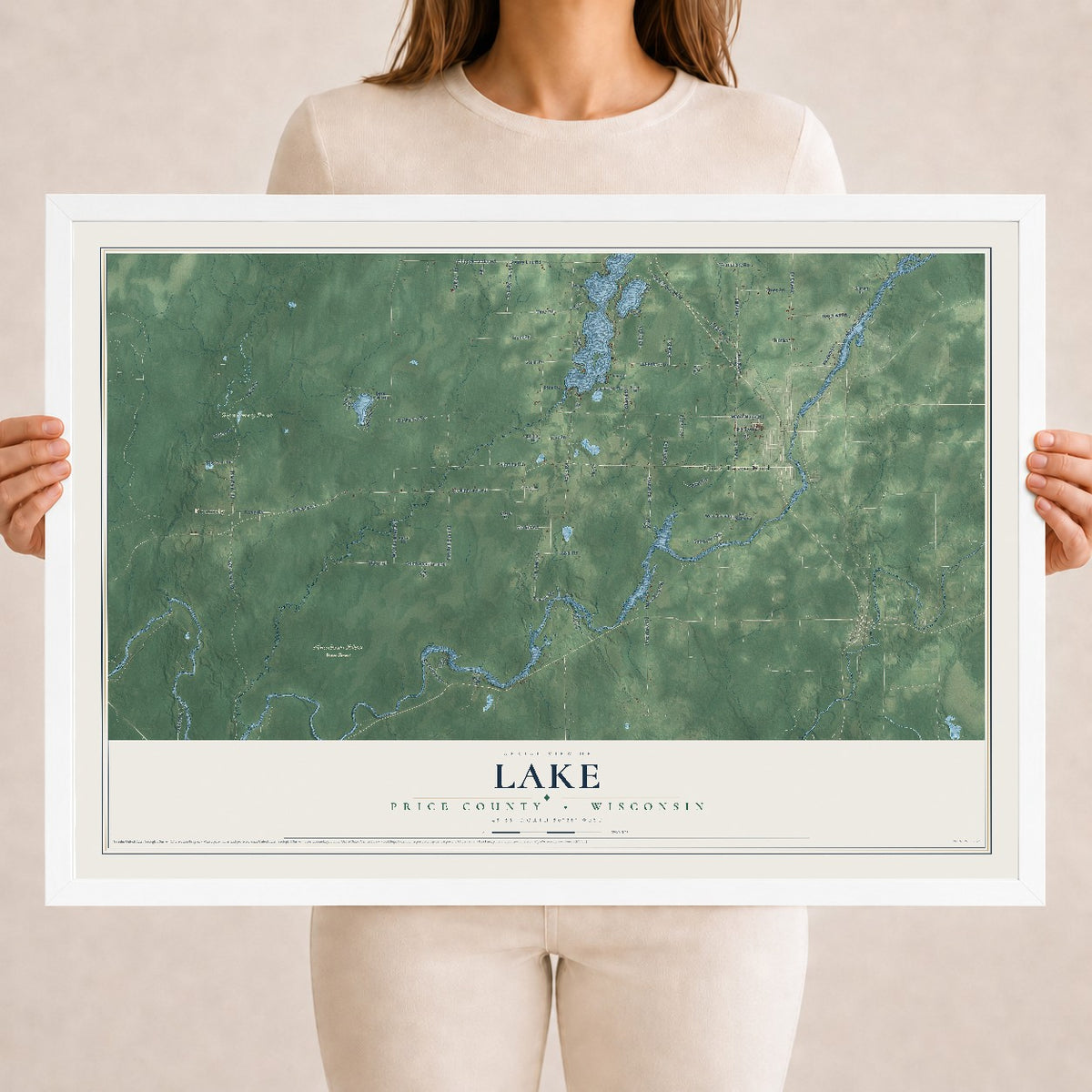 Map of Lake, Price County, Wisconsin, 18 x 24 inch print in a white wood frame