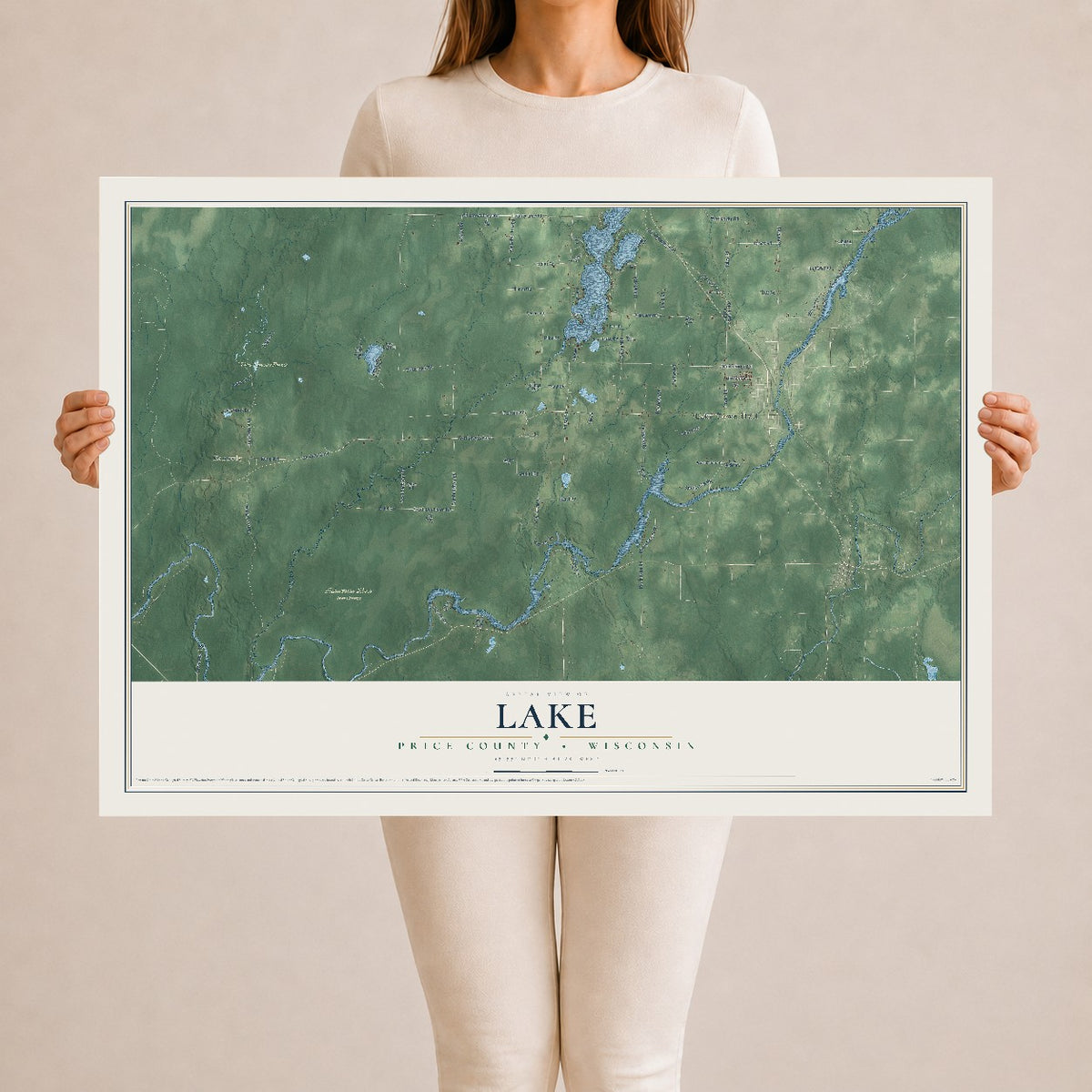 Map of Lake, Price County, Wisconsin, 24 x 36 inch unframed archival matte print