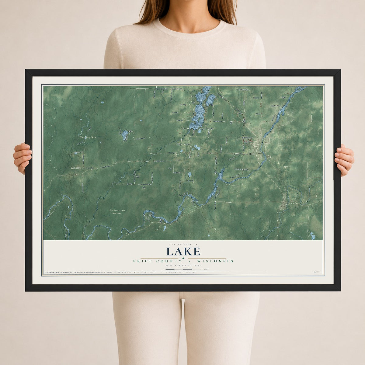 Map of Lake, Price County, Wisconsin, 24 x 36 inch print in a black wood frame