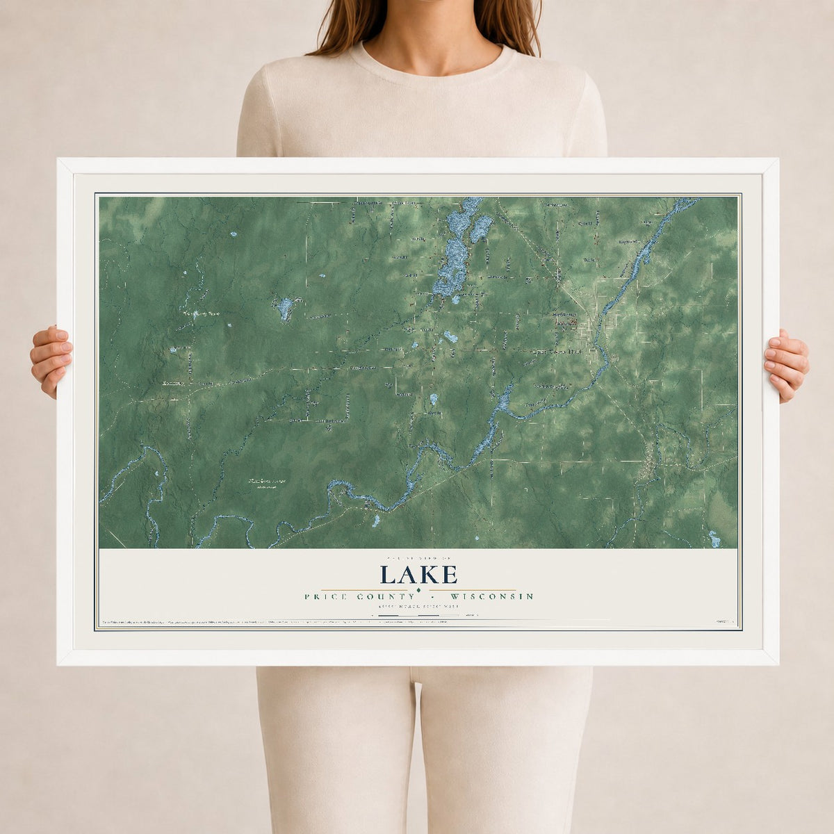Map of Lake, Price County, Wisconsin, 24 x 36 inch print in a white wood frame