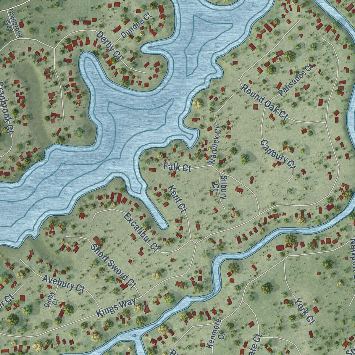 Close-up of the map of Lake Camelot, Wisconsin print showing street and building detail