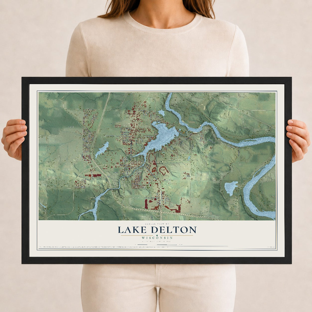 Map of Lake Delton, Wisconsin, 12 x 18 inch print in a black wood frame