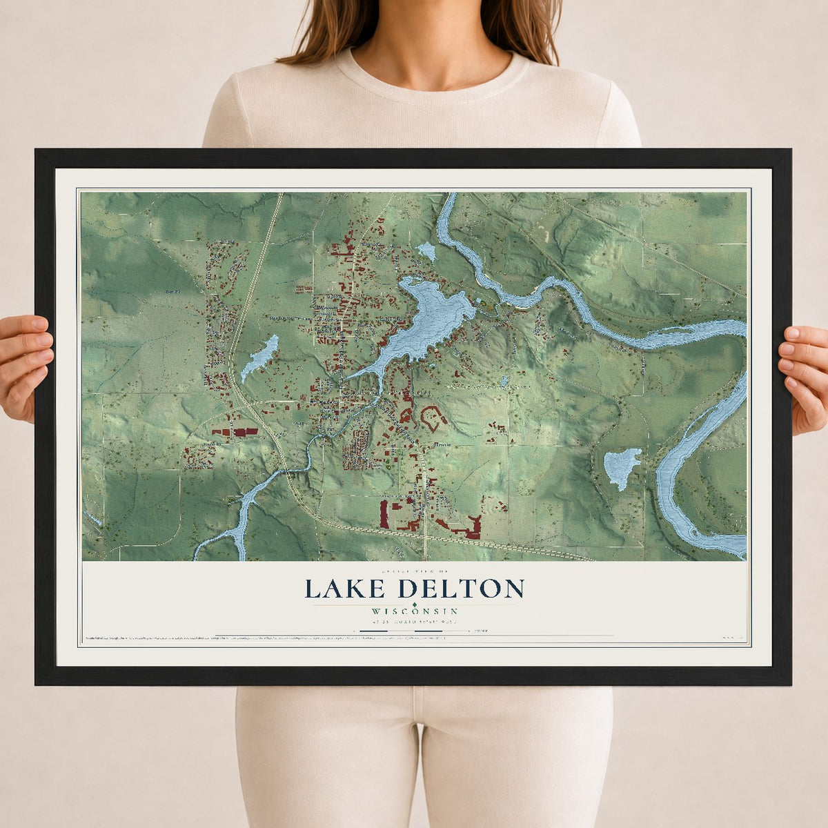 Map of Lake Delton, Wisconsin, 18 x 24 inch print in a black wood frame