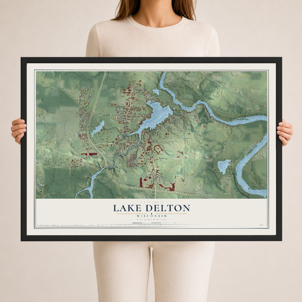 Map of Lake Delton, Wisconsin, 24 x 36 inch print in a black wood frame