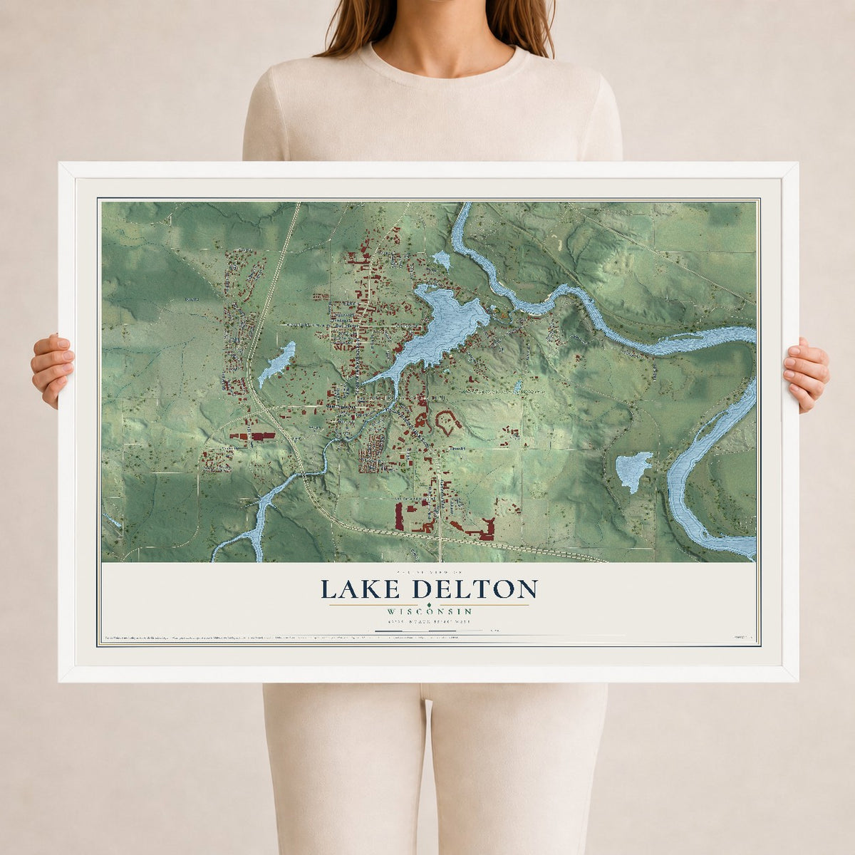 Map of Lake Delton, Wisconsin, 24 x 36 inch print in a white wood frame