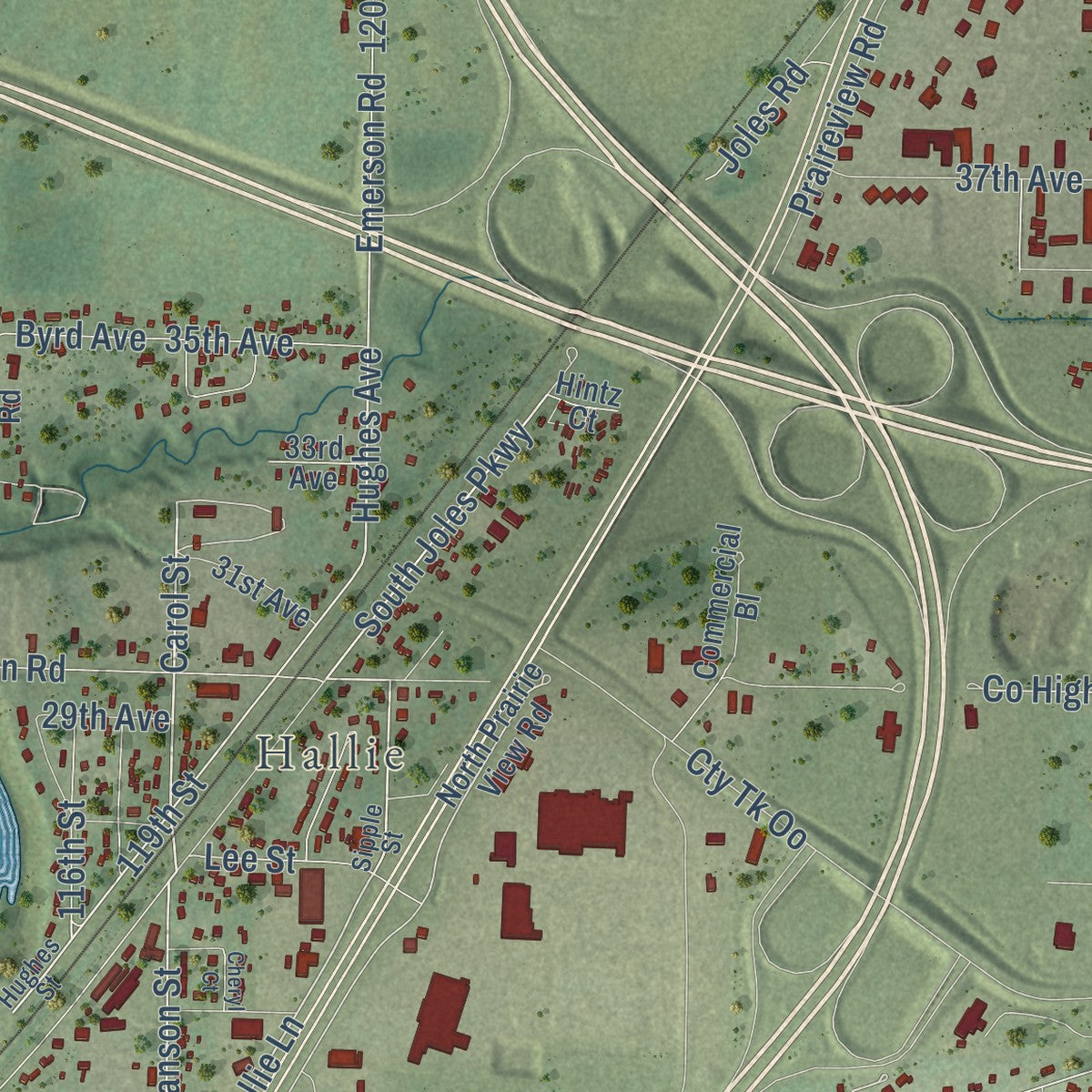 Second close-up of the map of Lake Hallie, Wisconsin print showing more streets and buildings