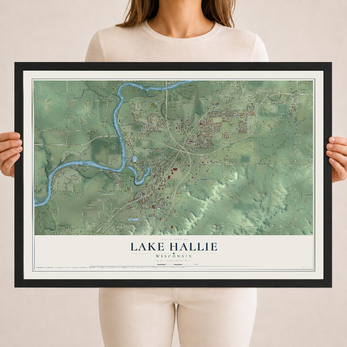 Map of Lake Hallie, Wisconsin, 18 x 24 inch print in a black wood frame