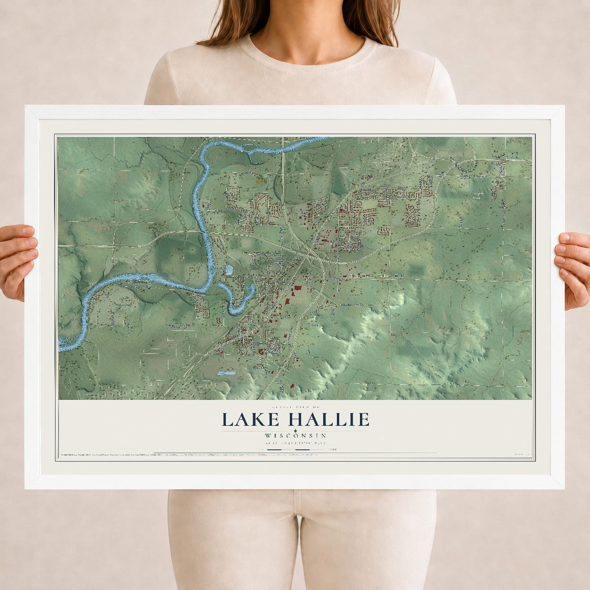 Map of Lake Hallie, Wisconsin, 18 x 24 inch print in a white wood frame