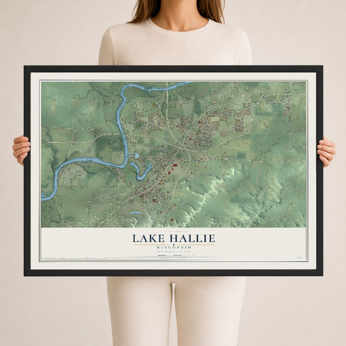 Map of Lake Hallie, Wisconsin, 24 x 36 inch print in a black wood frame