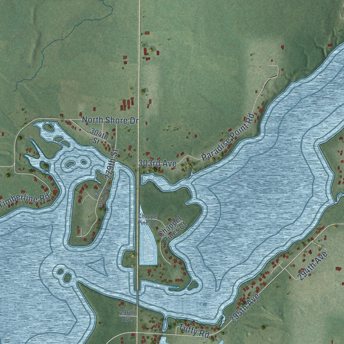 Second close-up of the map of Lake Holcombe, Wisconsin print showing more streets and buildings