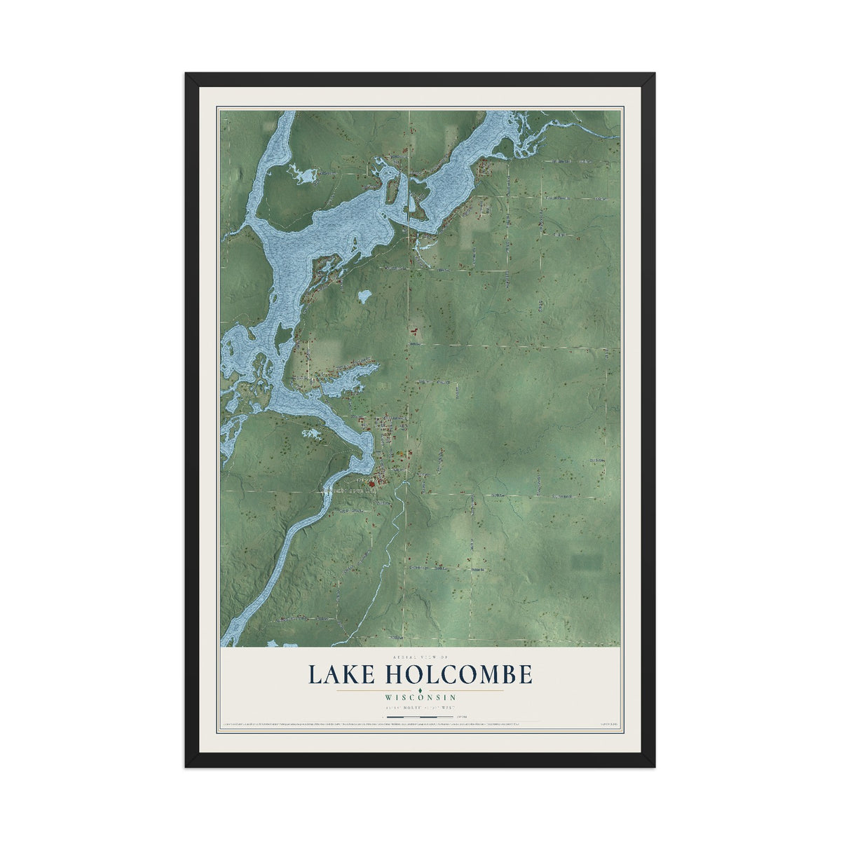 Map of Lake Holcombe, Wisconsin, 12 x 18 inch print in a black wood frame