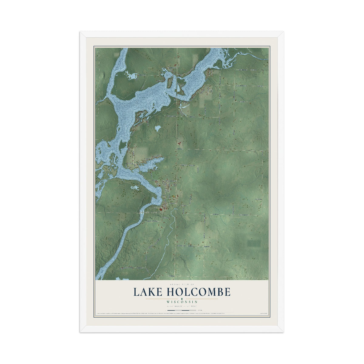 Map of Lake Holcombe, Wisconsin, 12 x 18 inch print in a white wood frame