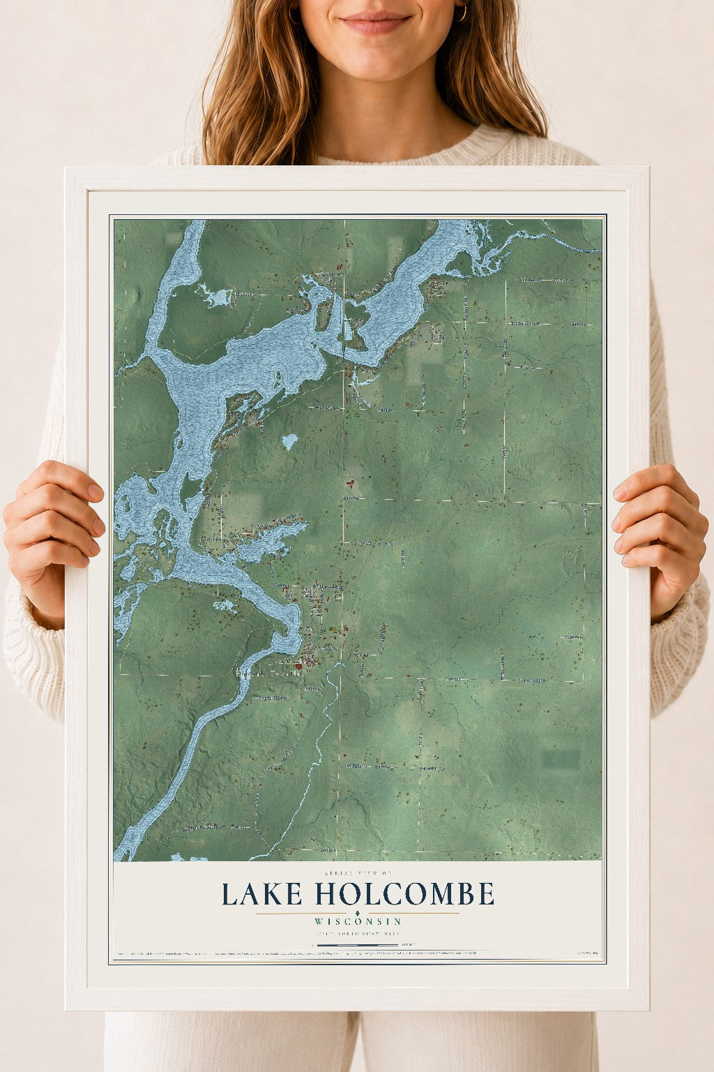 Map of Lake Holcombe, Wisconsin, 18 x 24 inch print in a white wood frame