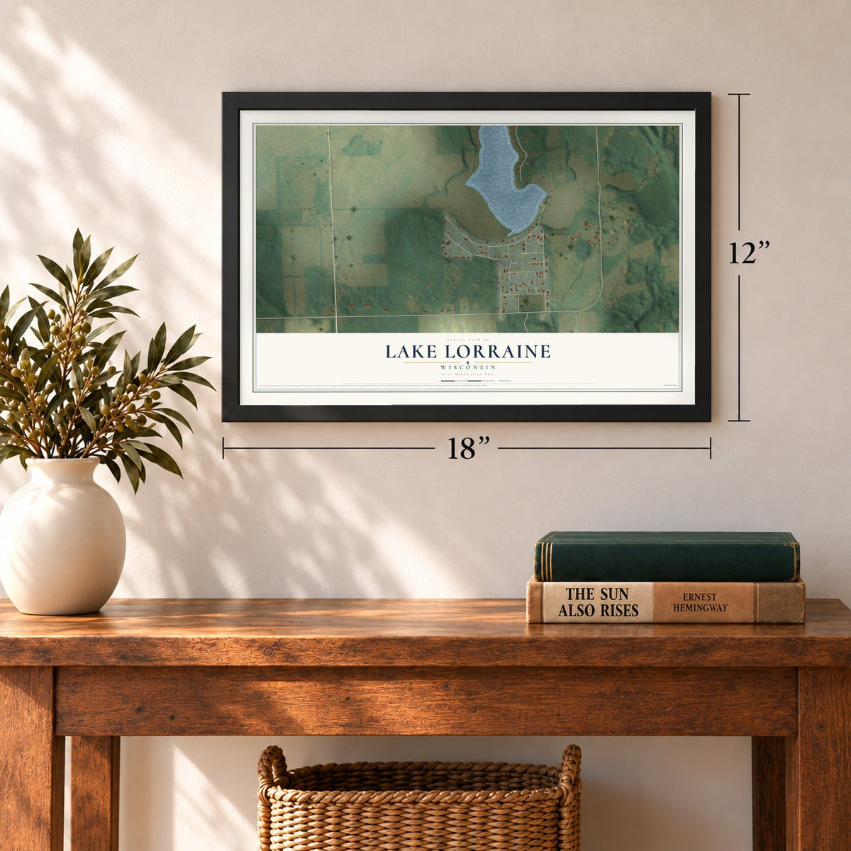 Lake Lorraine, Wisconsin map, 12 x 18 inch print in a black frame in an entryway