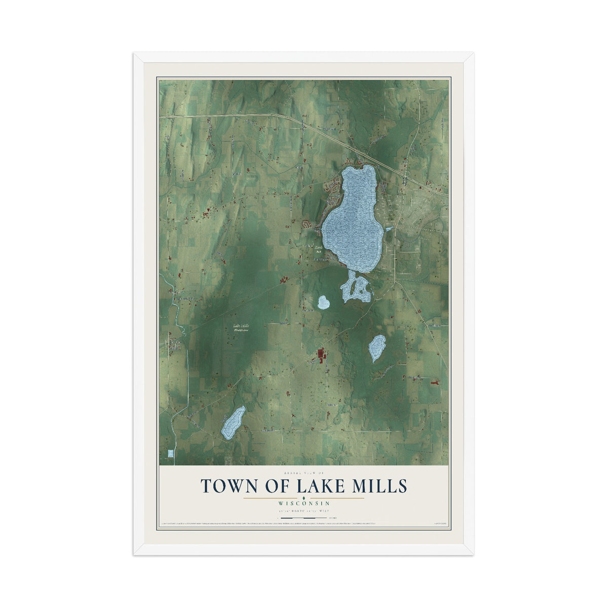 Map of the Town of Lake Mills, Wisconsin, 12 x 18 inch print in a white wood frame