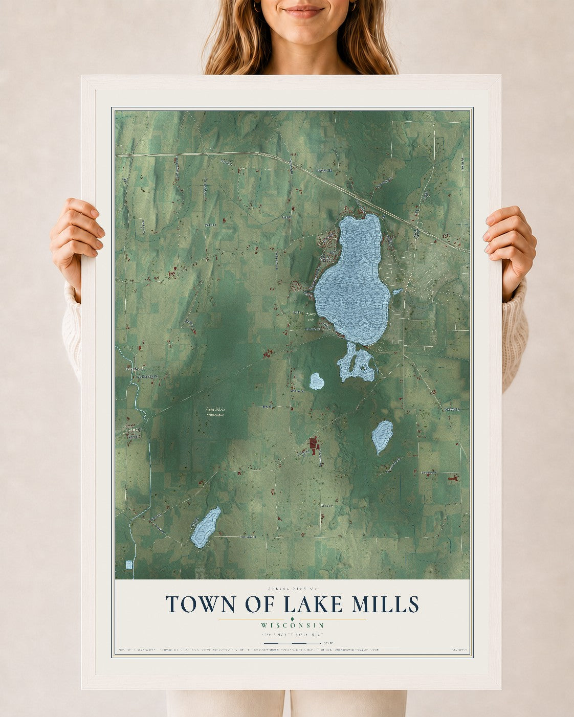 Map of the Town of Lake Mills, Wisconsin, 24 x 36 inch print in a white wood frame