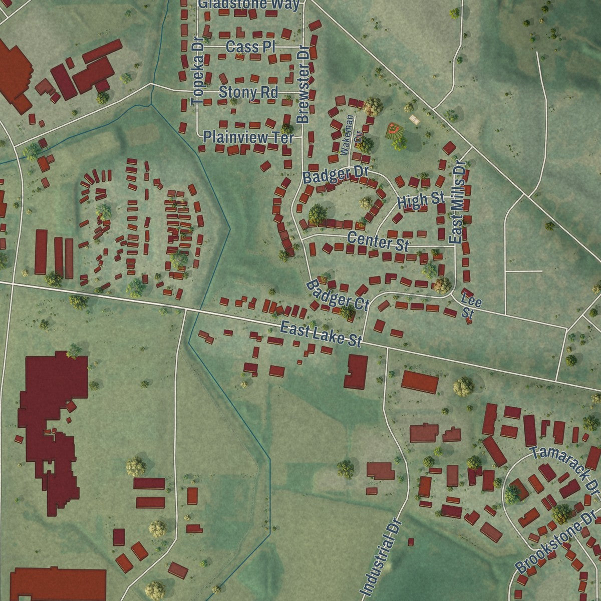 Second close-up of the map of Lake Mills, Wisconsin print showing more streets and buildings