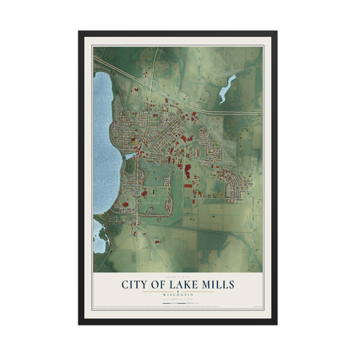 Map of Lake Mills, Wisconsin, 12 x 18 inch print in a black wood frame