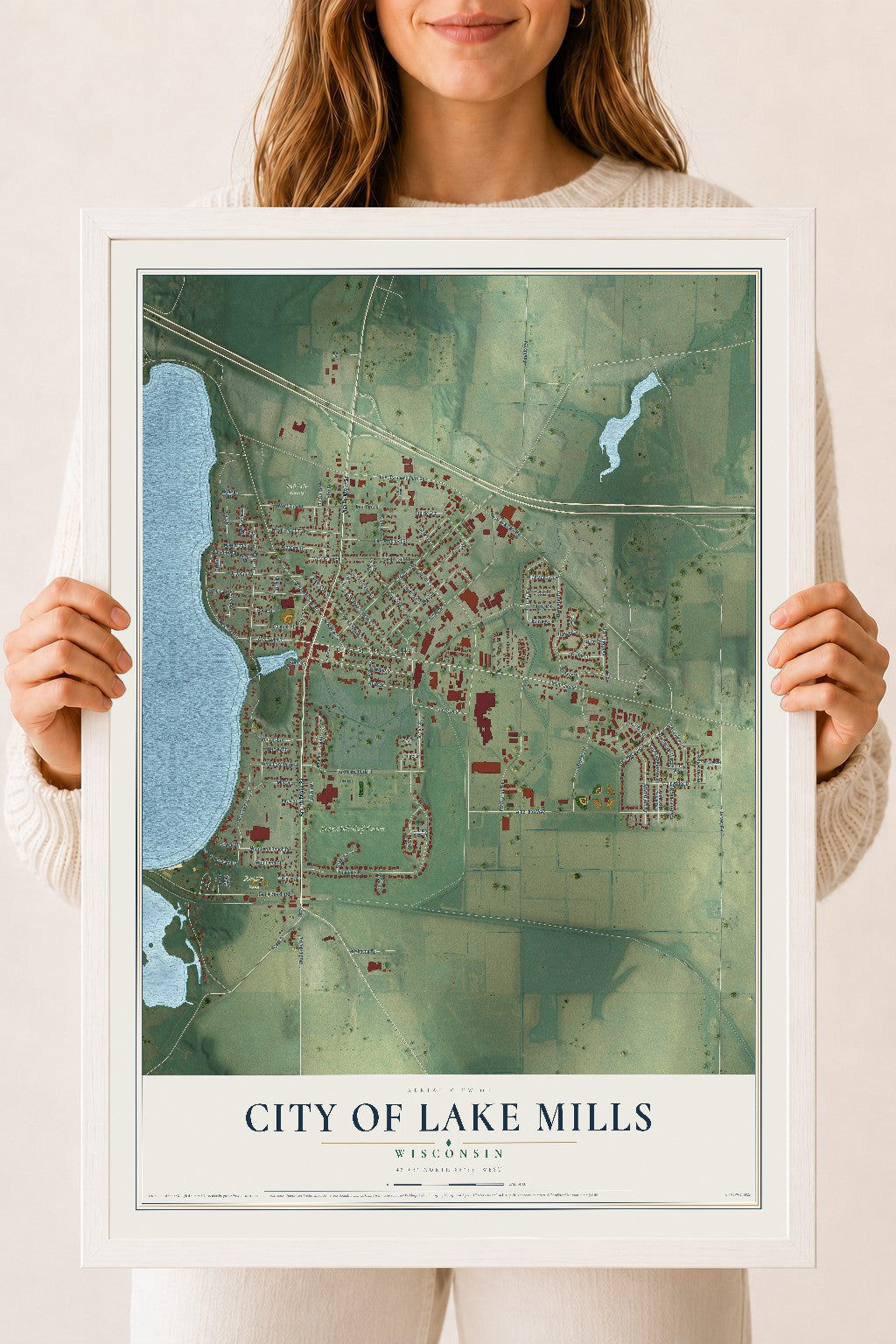 Map of Lake Mills, Wisconsin, 18 x 24 inch print in a white wood frame