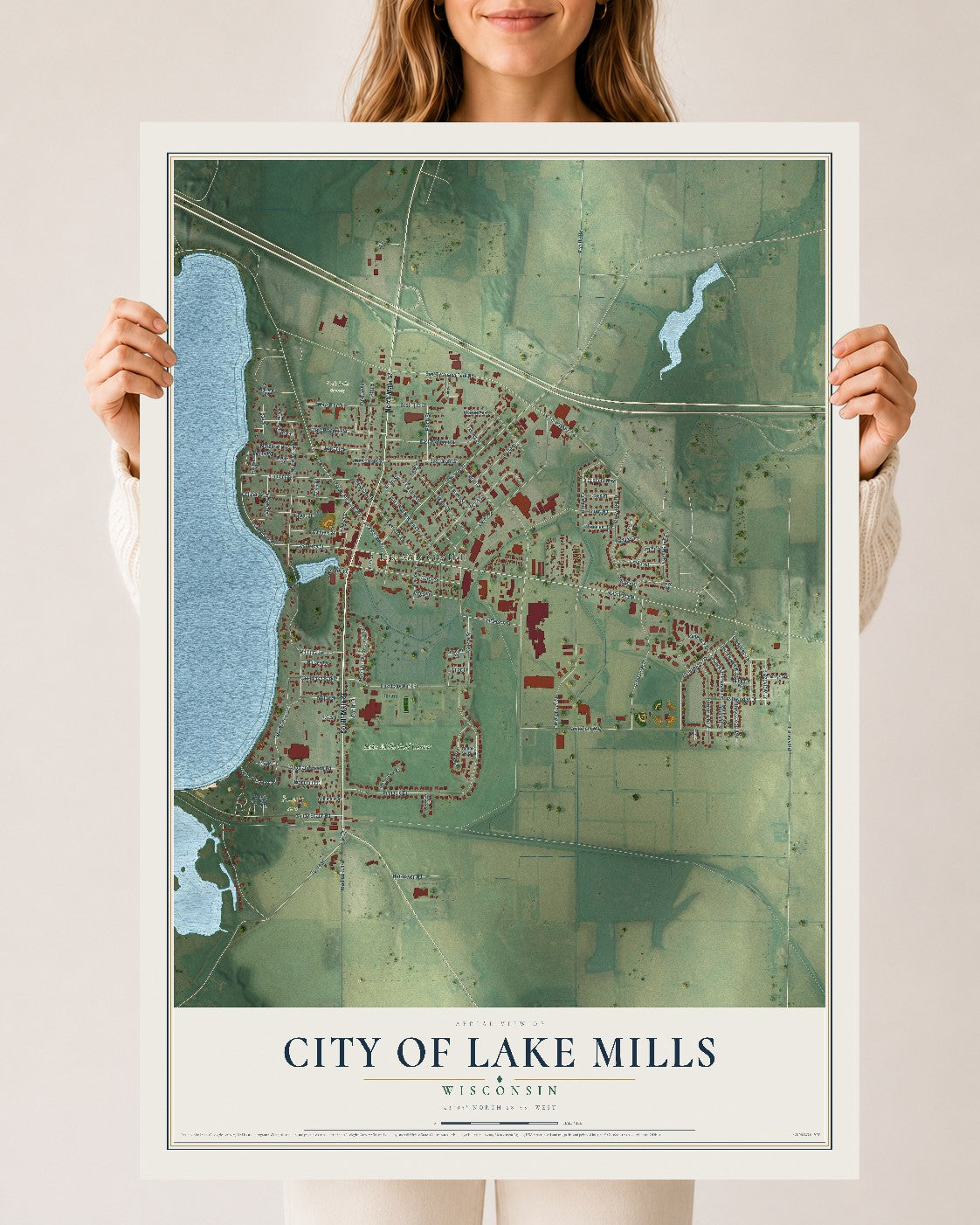 Map of Lake Mills, Wisconsin, 24 x 36 inch unframed archival matte print