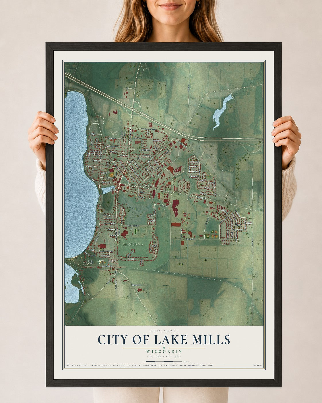 Map of Lake Mills, Wisconsin, 24 x 36 inch print in a black wood frame