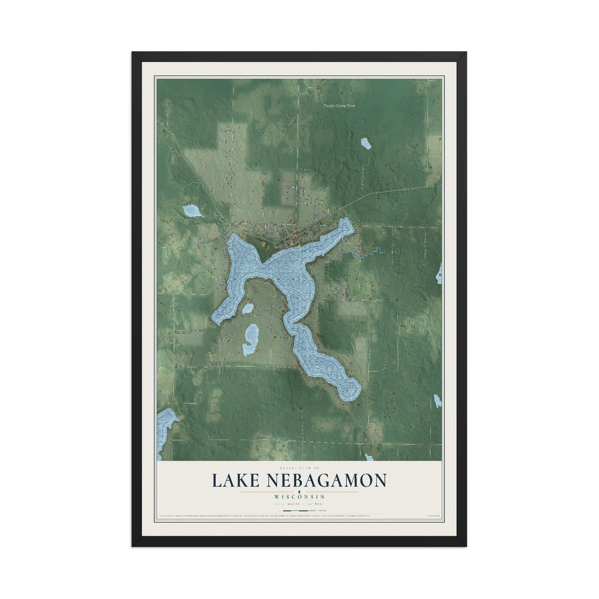 Map of Lake Nebagamon, Wisconsin, 12 x 18 inch print in a black wood frame