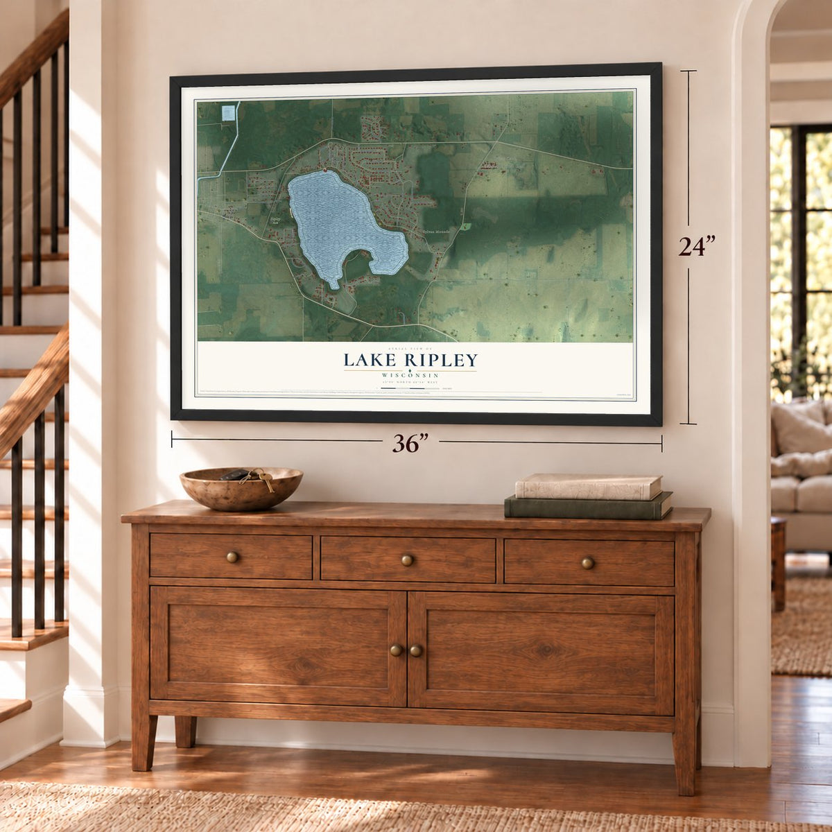 Lake Ripley, Wisconsin map, 24 x 36 inch print in a black frame above a dresser by a staircase