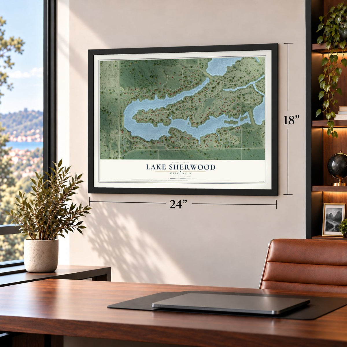 Lake Sherwood, Wisconsin map, 18 x 24 inch print in a black frame in a home office