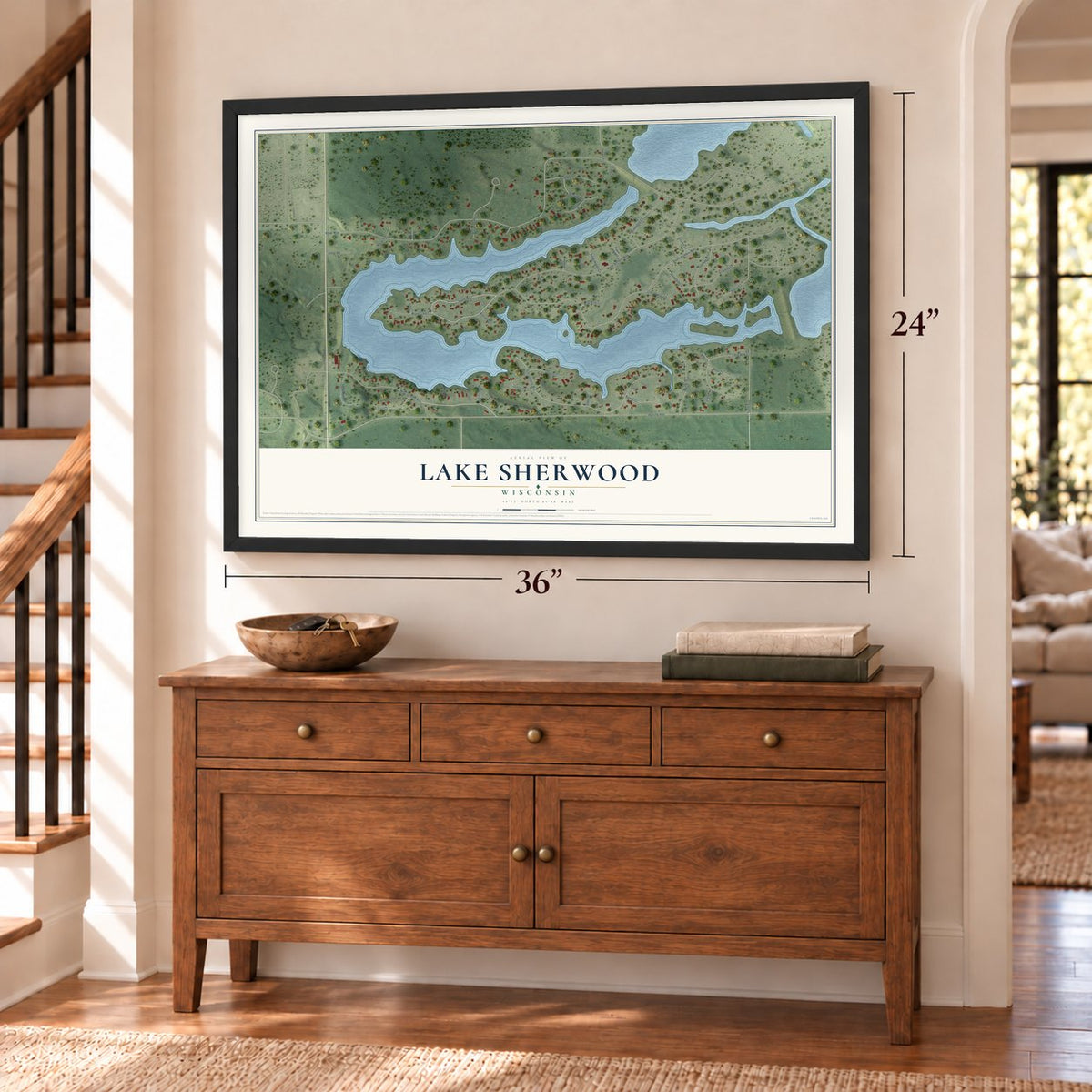 Lake Sherwood, Wisconsin map, 24 x 36 inch print in a black frame above a dresser by a staircase