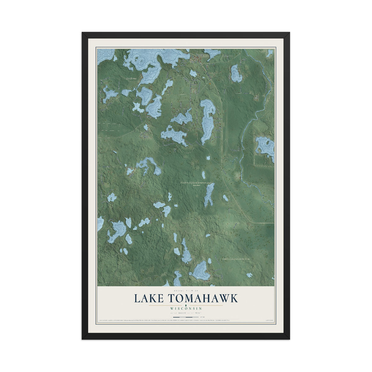 Map of Lake Tomahawk, Wisconsin, 12 x 18 inch print in a black wood frame