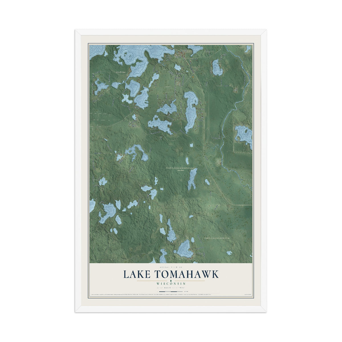 Map of Lake Tomahawk, Wisconsin, 12 x 18 inch print in a white wood frame