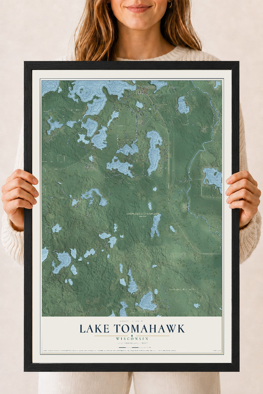 Map of Lake Tomahawk, Wisconsin, 18 x 24 inch print in a black wood frame