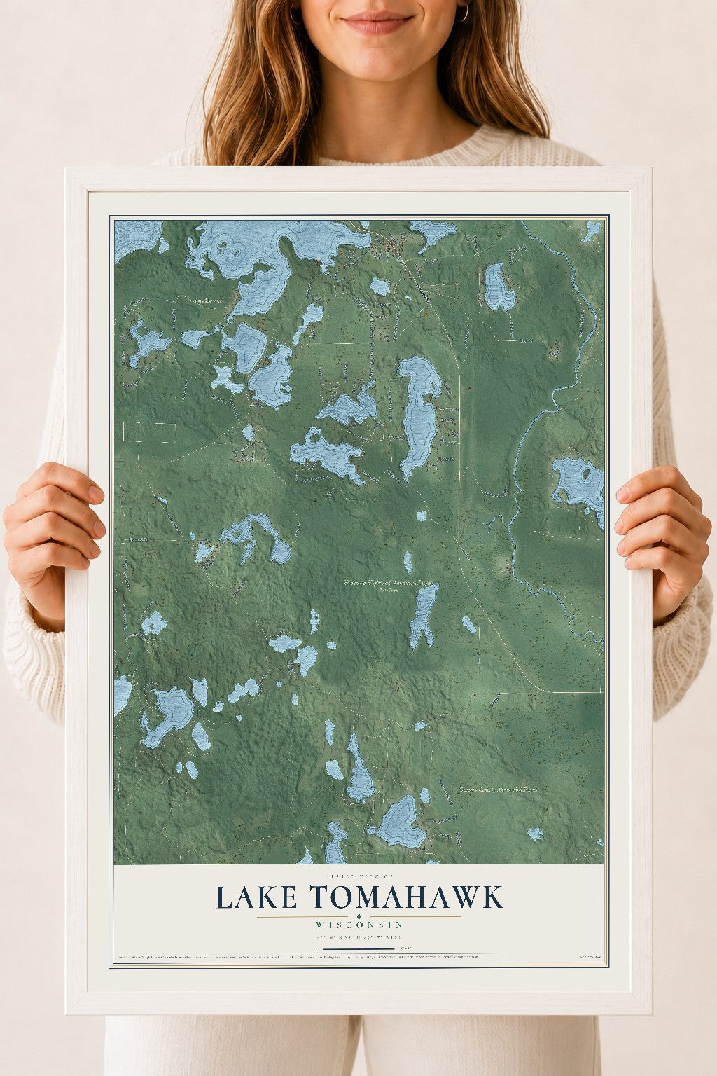 Map of Lake Tomahawk, Wisconsin, 18 x 24 inch print in a white wood frame
