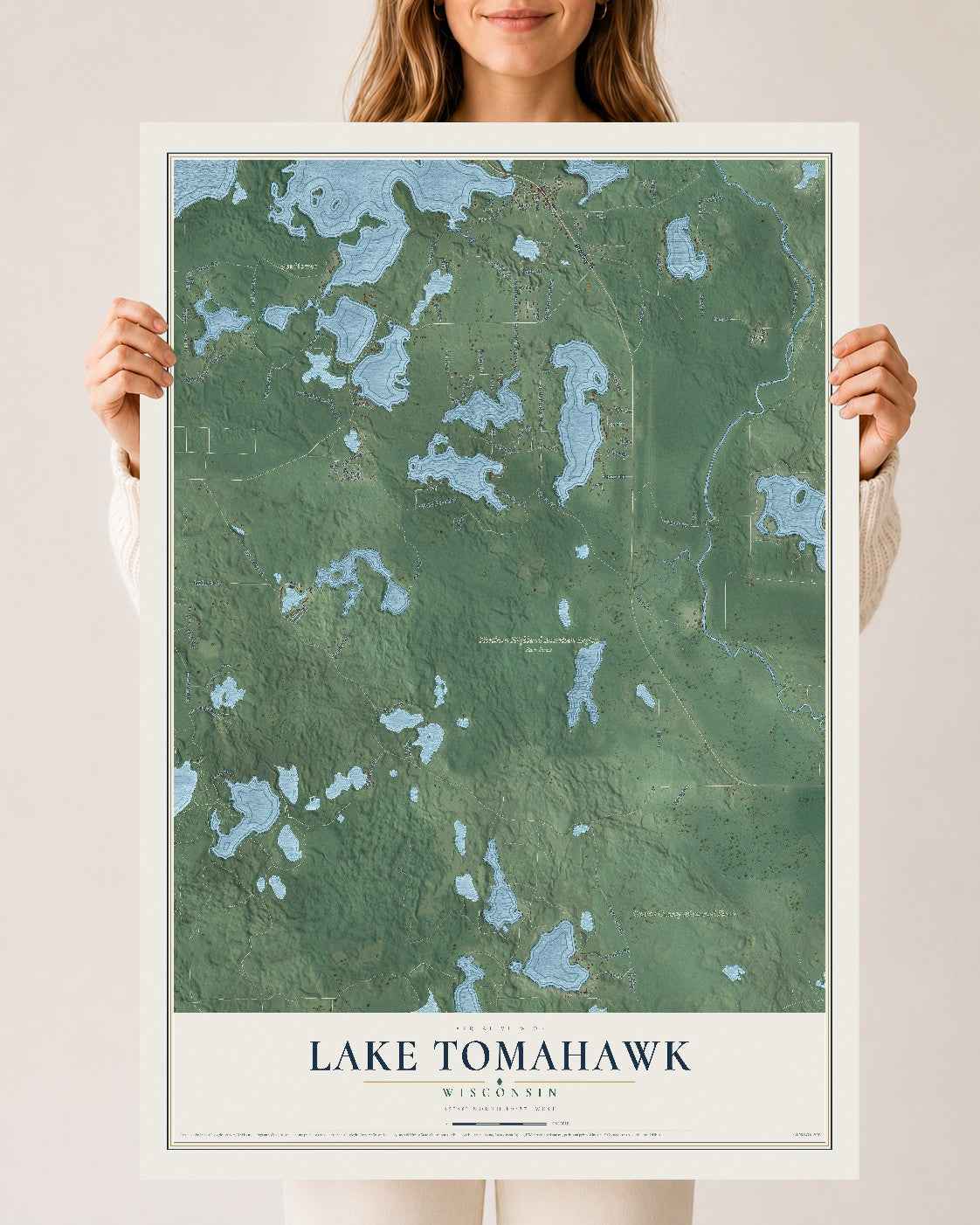 Map of Lake Tomahawk, Wisconsin, 24 x 36 inch unframed archival matte print