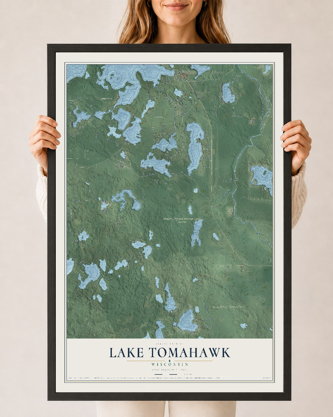 Map of Lake Tomahawk, Wisconsin, 24 x 36 inch print in a black wood frame