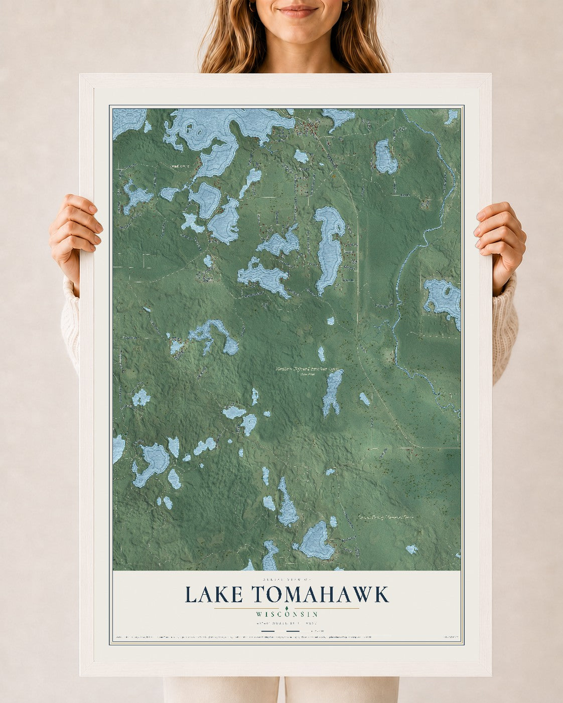 Map of Lake Tomahawk, Wisconsin, 24 x 36 inch print in a white wood frame