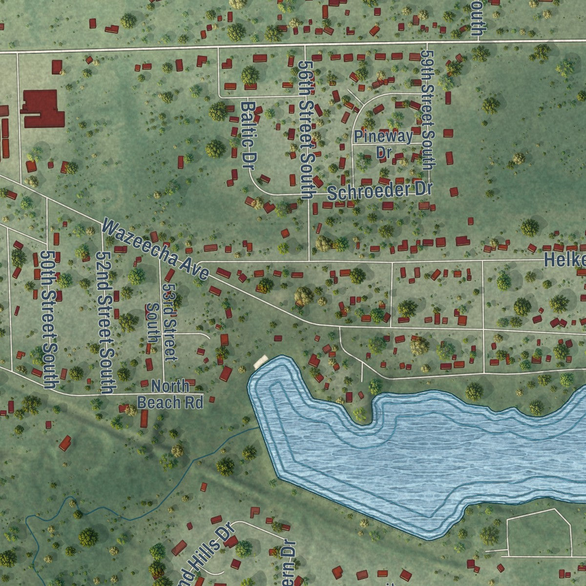 Close-up of the map of Lake Wazeecha, Wisconsin print showing street and building detail