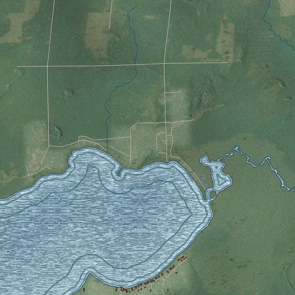 Second close-up of the map of Lake, Marinette County, Wisconsin print showing more streets and buildings