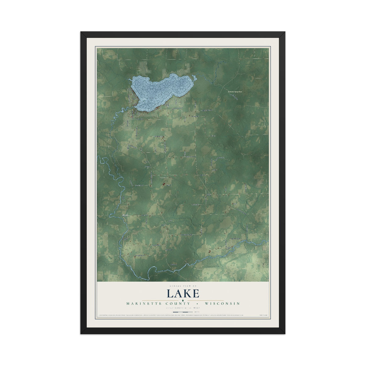 Map of Lake, Marinette County, Wisconsin, 12 x 18 inch print in a black wood frame